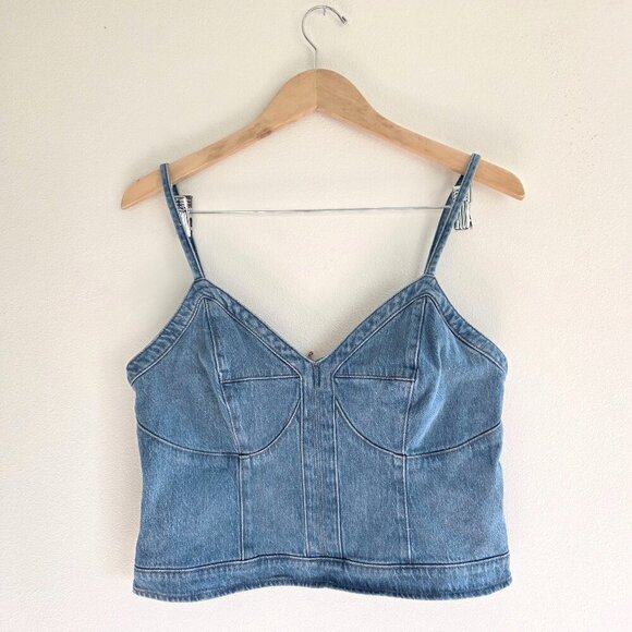 Express Denim Crop Corset Top Sweetheart Neckline Zipper Back Spaghetti Straps - Picture 3 of 11